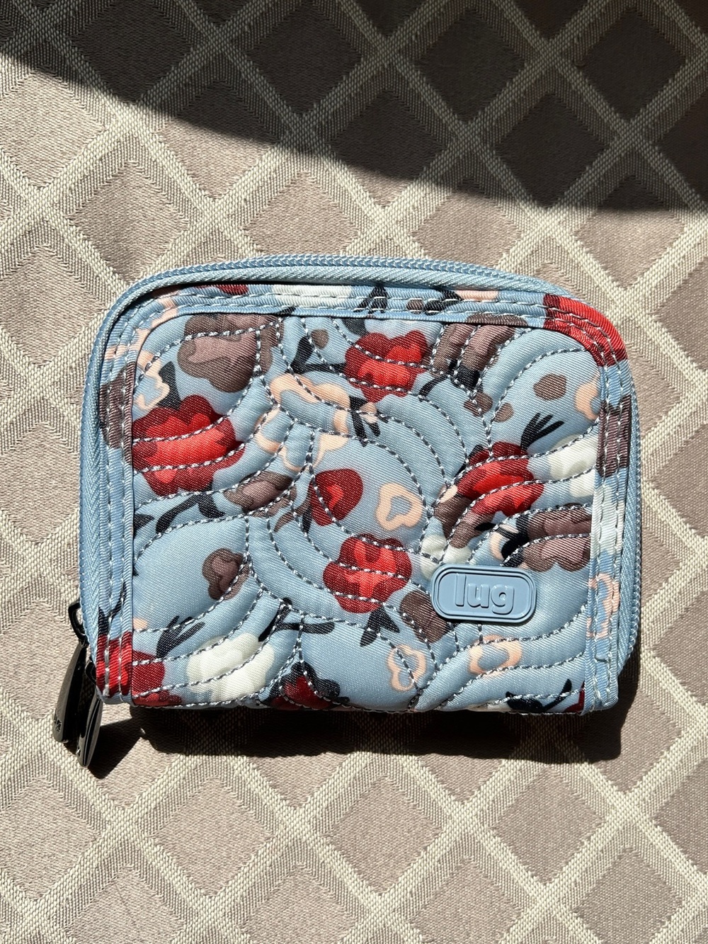 lug Splits RFID Quilted Floral Zip Wallet in Light Blue and Red